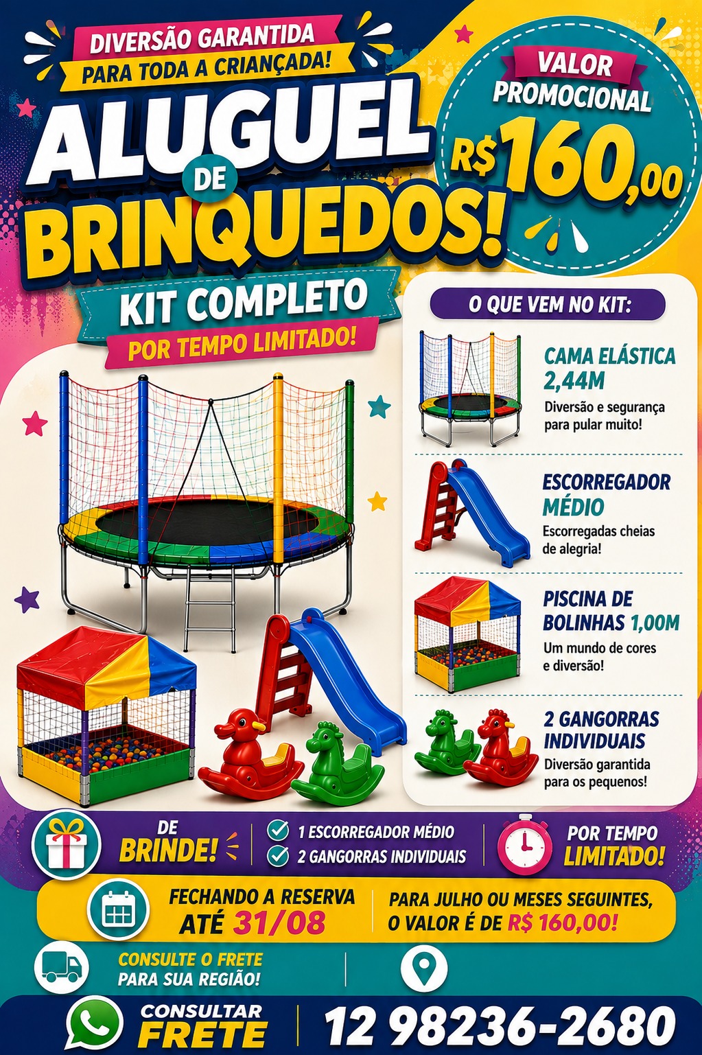Promoção do kit completo Brinca Fácil por R$ 160, com cama elástica, escorregador, piscina de bolinhas e duas gangorras